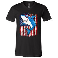 Shark 4th of July American Flag Jawsome V-Neck T-Shirt