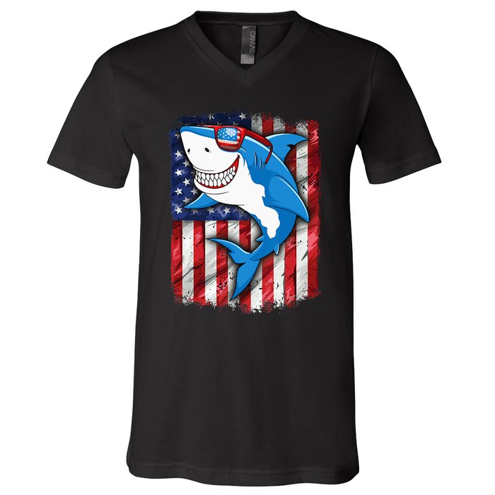 Shark 4th of July American Flag Jawsome V-Neck T-Shirt