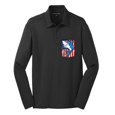 Shark 4th of July American Flag Jawsome Silk Touch Performance Long Sleeve Polo