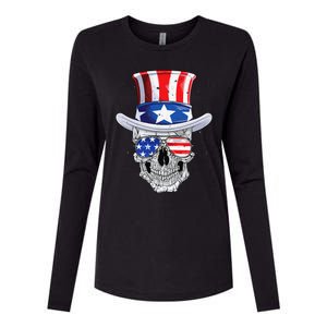 Skull 4th of July Uncle Sam American Flag Womens Cotton Relaxed Long Sleeve T-Shirt