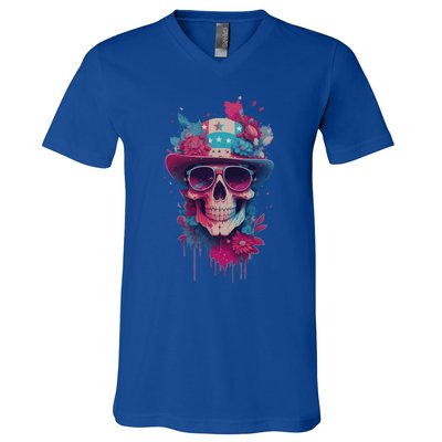 Skull 4th Of July Uncle Sam Skull American Flag Patriotic Meaningful Gift V-Neck T-Shirt