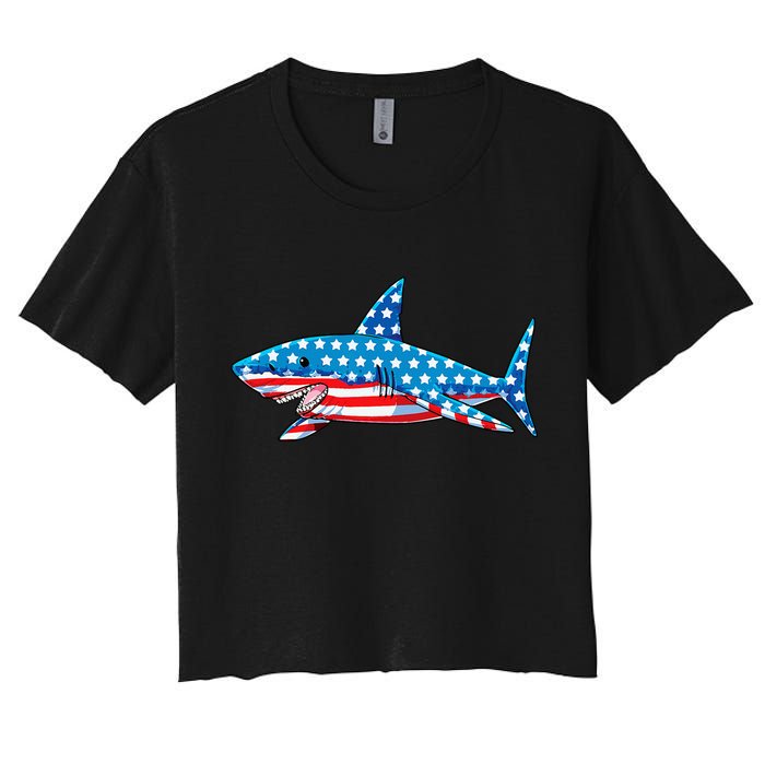 Shark 4th of July American Flag Jawsome  Women's Crop Top Tee
