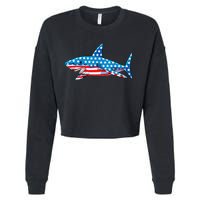 Shark 4th of July American Flag Jawsome  Cropped Pullover Crew