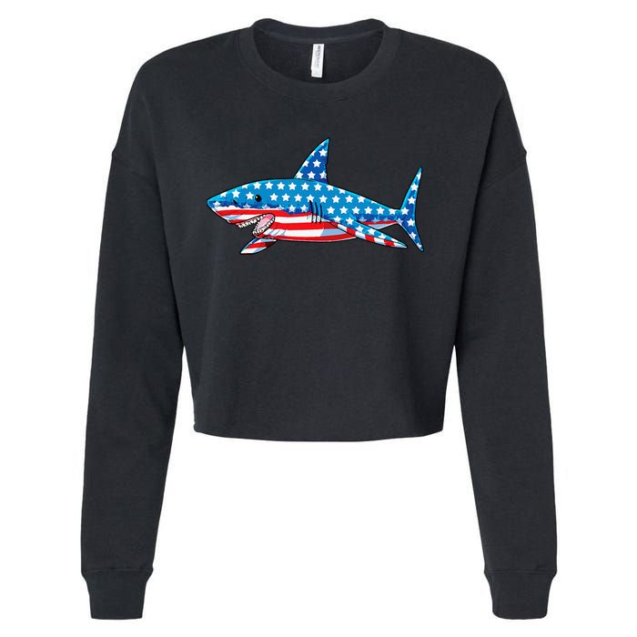Shark 4th of July American Flag Jawsome  Cropped Pullover Crew