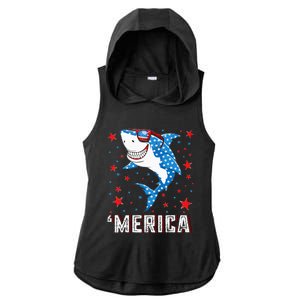 Shark 4th of July Merica American Flag Ladies PosiCharge Tri-Blend Wicking Draft Hoodie Tank