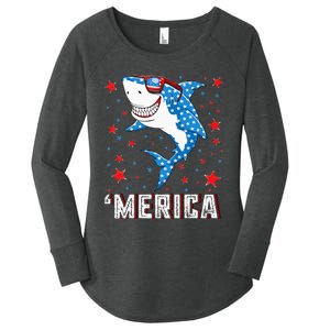 Shark 4th of July Merica American Flag Women's Perfect Tri Tunic Long Sleeve Shirt