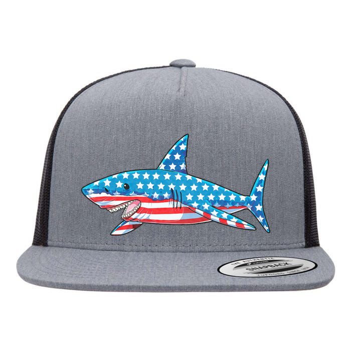 Shark 4th Of July American Flag Flat Bill Trucker Hat