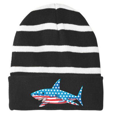 Shark 4th Of July American Flag Striped Beanie with Solid Band