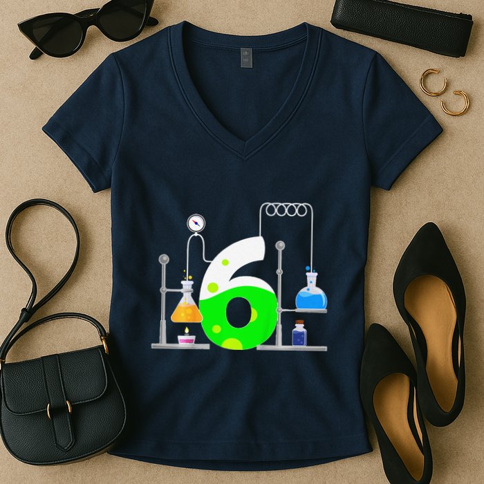 Scientist 6 Years Old 6th Birthday Experiments Science Women's V-Neck T-Shirt