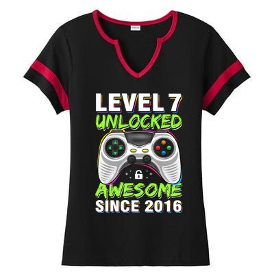 Seven 7yr BDay Son Boy Funny Gamer 7th 7 Years Old Birthday Ladies Halftime Notch Neck Tee