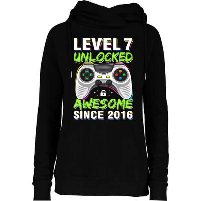 Seven 7yr BDay Son Boy Funny Gamer 7th 7 Years Old Birthday Womens Funnel Neck Pullover Hood