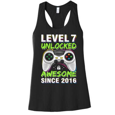 Seven 7yr BDay Son Boy Funny Gamer 7th 7 Years Old Birthday Women's Racerback Tank