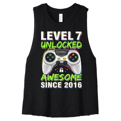 Seven 7yr BDay Son Boy Funny Gamer 7th 7 Years Old Birthday Women's Racerback Cropped Tank