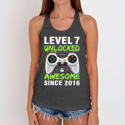 Seven 7yr BDay Son Boy Funny Gamer 7th 7 Years Old Birthday Women's Knotted Racerback Tank