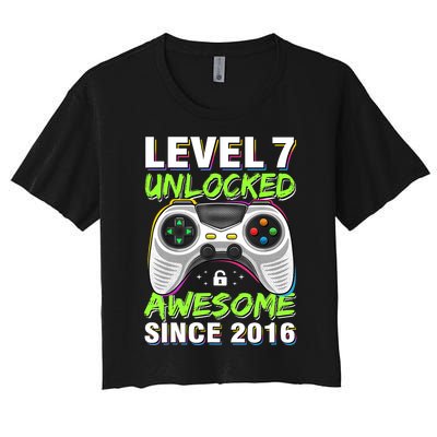 Seven 7yr BDay Son Boy Funny Gamer 7th 7 Years Old Birthday Women's Crop Top Tee