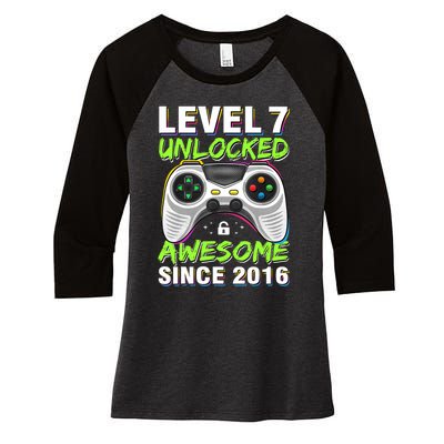 Seven 7yr BDay Son Boy Funny Gamer 7th 7 Years Old Birthday Women's Tri-Blend 3/4-Sleeve Raglan Shirt