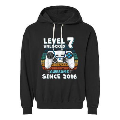 Seven 7yr BDay Son Boy Funny Gamer 7th 7 Years Old Birthday Garment-Dyed Fleece Hoodie