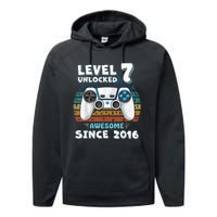 Seven 7yr BDay Son Boy Funny Gamer 7th 7 Years Old Birthday Performance Fleece Hoodie