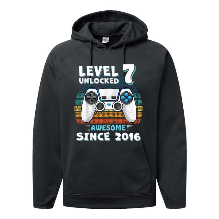 Seven 7yr BDay Son Boy Funny Gamer 7th 7 Years Old Birthday Performance Fleece Hoodie