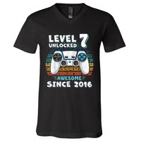 Seven 7yr BDay Son Boy Funny Gamer 7th 7 Years Old Birthday V-Neck T-Shirt