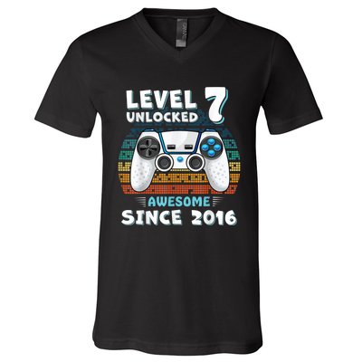 Seven 7yr BDay Son Boy Funny Gamer 7th 7 Years Old Birthday V-Neck T-Shirt