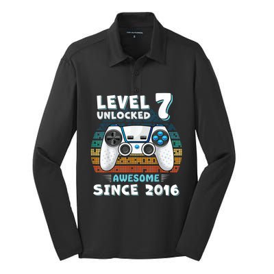 Seven 7yr BDay Son Boy Funny Gamer 7th 7 Years Old Birthday Silk Touch Performance Long Sleeve Polo