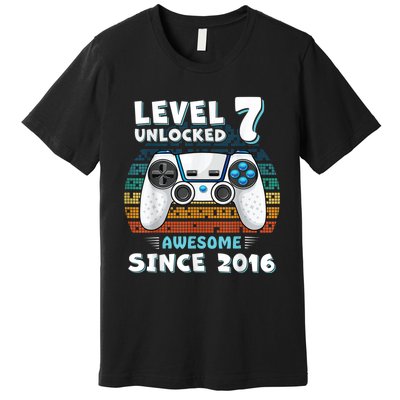 Seven 7yr BDay Son Boy Funny Gamer 7th 7 Years Old Birthday Premium T-Shirt