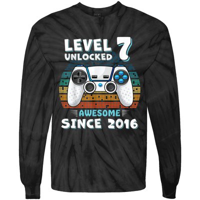 Seven 7yr BDay Son Boy Funny Gamer 7th 7 Years Old Birthday Tie-Dye Long Sleeve Shirt