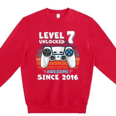 Seven 7yr BDay Son Boy Funny Gamer 7th 7 Years Old Birthday Premium Crewneck Sweatshirt