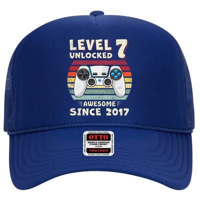 Seven 7th Birthday Decoration Boy 7yr 7 Year Old Birthday High Crown Mesh Back Trucker Hat