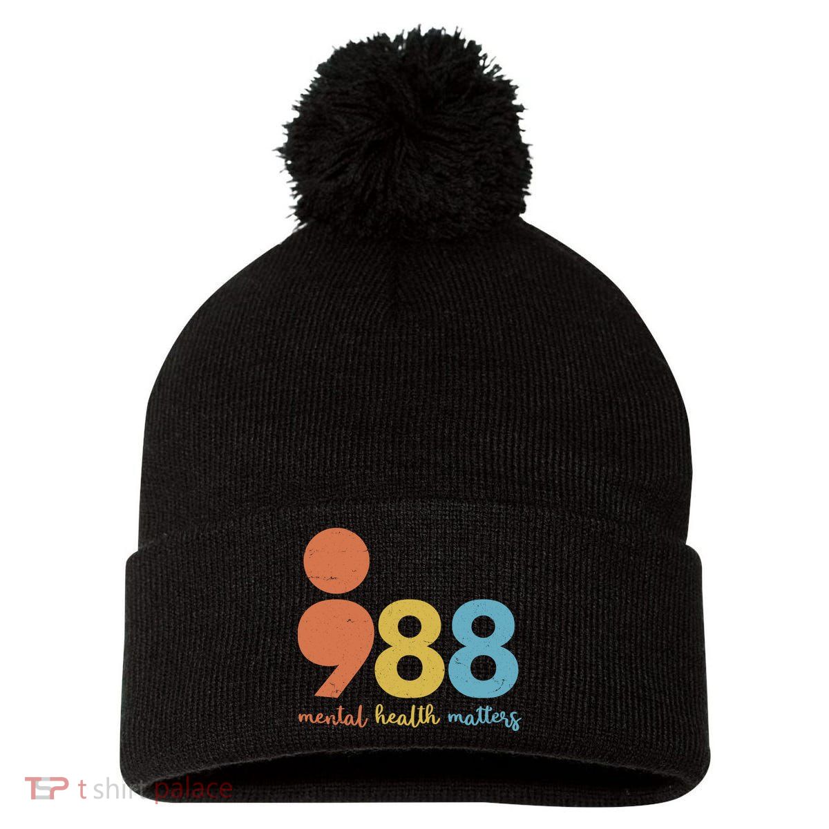 Semicolon 988 Mental Health Matters Pom Pom 12in Knit Beanie