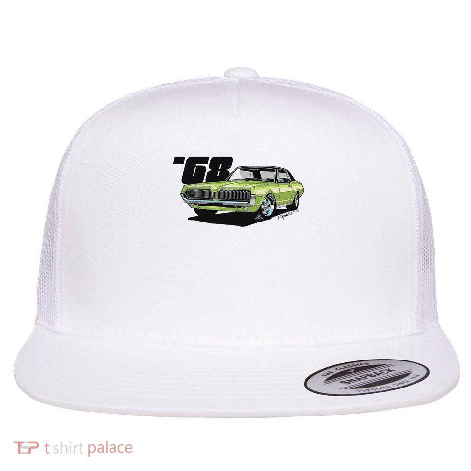 Speedshift Art 1968 Mercury Cougar Graphic Adults Lime Frost Green Flat Bill Trucker Hat