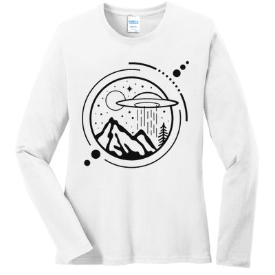 Simple Area 51 Minimal Ufo Tattoo Line Art Ufo Ladies Long Sleeve Shirt