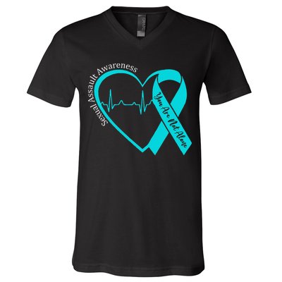 Sexual Assault Awareness Month Heart Teal Ribbon Support V-Neck T-Shirt