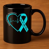 Sexual Assault Awareness Month Heart Teal Ribbon Support 11oz C Handle Ceramic Mug
