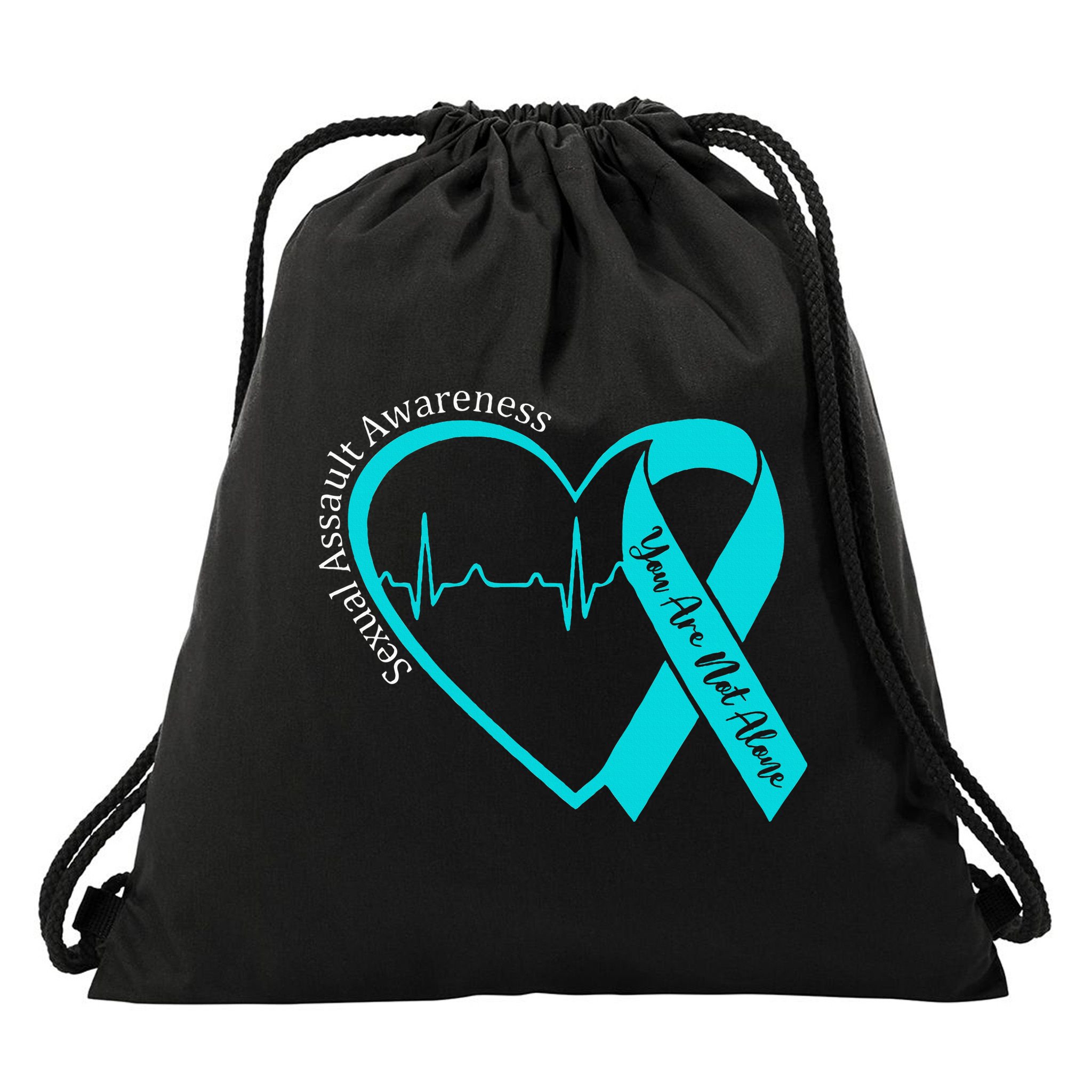 Sexual Assault Awareness Month Heart Teal Ribbon Support Drawstring Bag