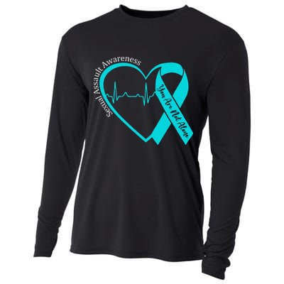 Sexual Assault Awareness Month Heart Teal Ribbon Support Cooling Performance Long Sleeve Crew