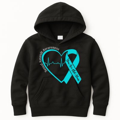 Sexual Assault Awareness Month Heart Teal Ribbon Support Kids Hoodie