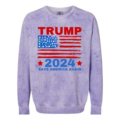 Save America Again 2024 Trump American Flag Colorblast Crewneck Sweatshirt