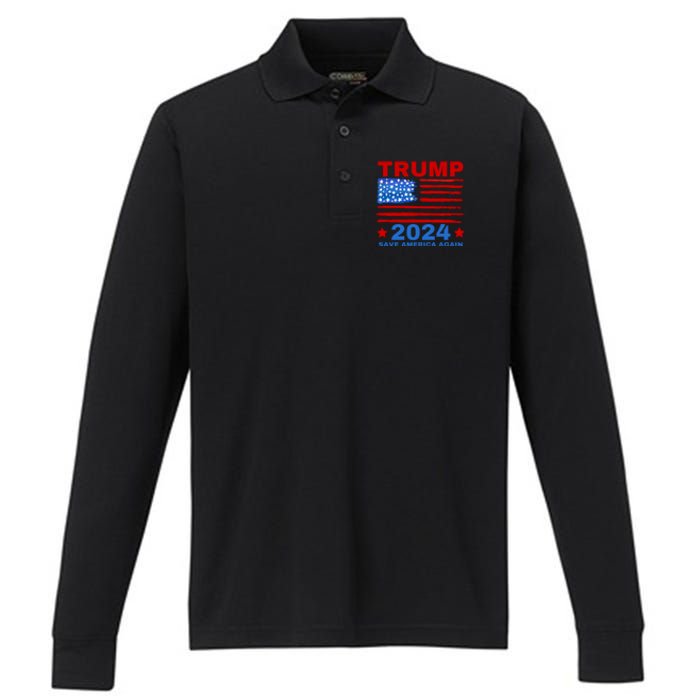 Save America Again 2024 Trump American Flag Performance Long Sleeve Polo