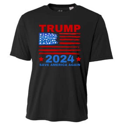 Save America Again 2024 Trump American Flag Cooling Performance Crew T-Shirt