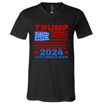 Save America Again 2024 Trump American Flag V-Neck T-Shirt