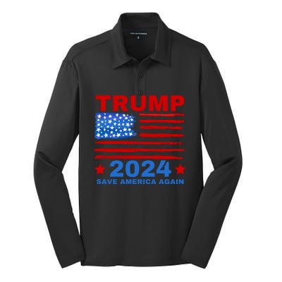 Save America Again 2024 Trump American Flag Silk Touch Performance Long Sleeve Polo