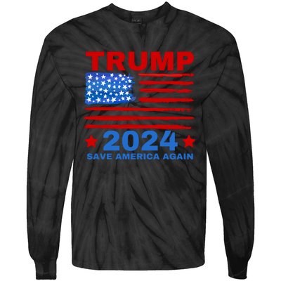 Save America Again 2024 Trump American Flag Tie-Dye Long Sleeve Shirt