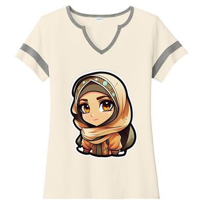 Seductive Anime Arab Hijab Head Scarf Beautiful Classic Ladies Halftime Notch Neck Tee