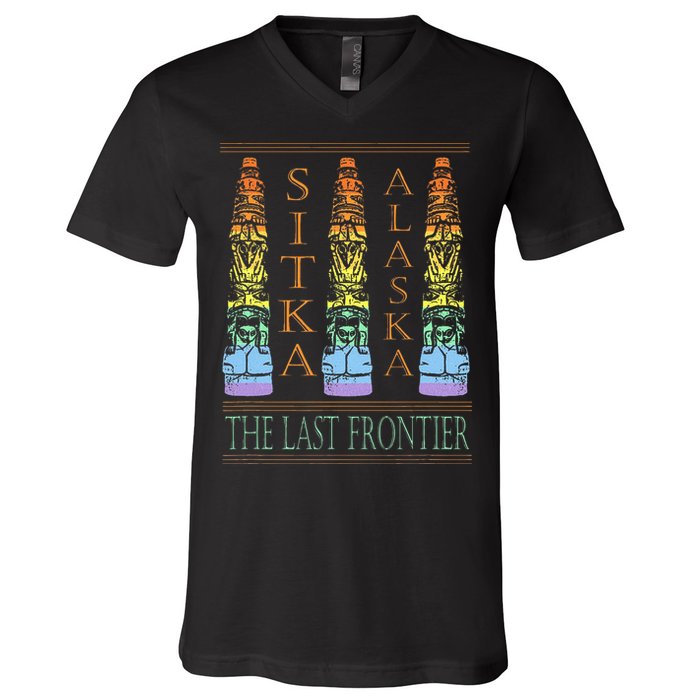 Sitka Alaska Ak Totem Design V-Neck T-Shirt