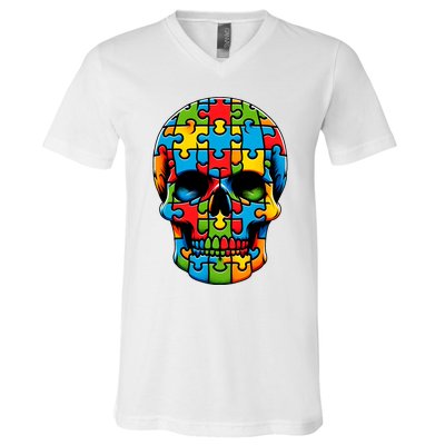 Skull Autism Awareness Autistic Supporter V-Neck T-Shirt