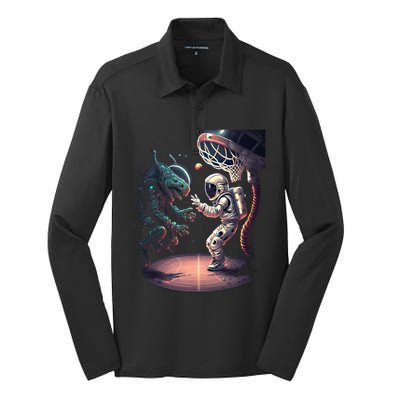 Space Astronaut Alien Playing Basketball Astronomy Space Gift Silk Touch Performance Long Sleeve Polo