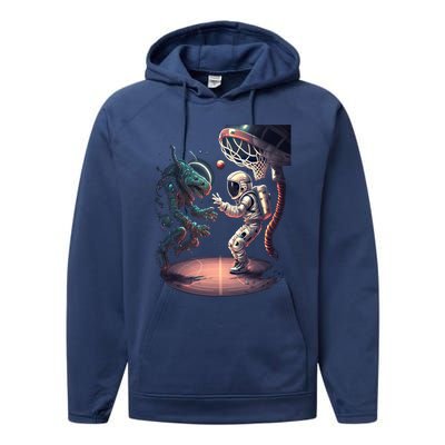 Space Astronaut Alien Playing Basketball Astronomy Space Gift Performance Fleece Hoodie