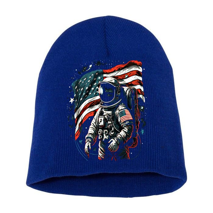 Space Astronaut American Flag Astronomy 4th Of July Gift Short Acrylic Beanie